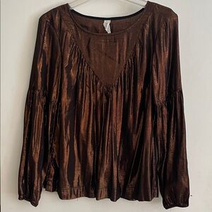 Amado Anthropologie shimmering bronze brown party peasant blouse large
